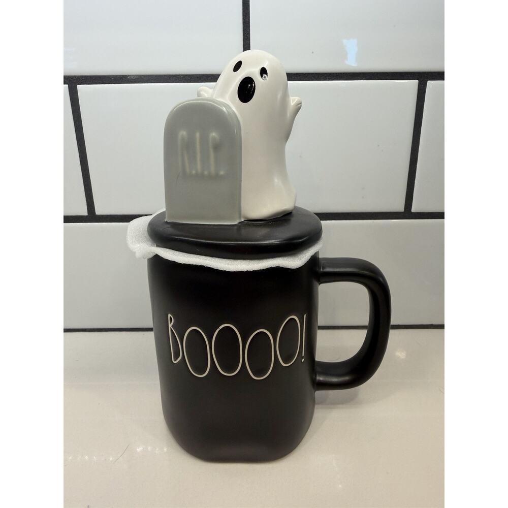 NEW Rae Dunn Halloween Ghost‎ Tombstone RIP Lid BOOOO! Black Mug 👻